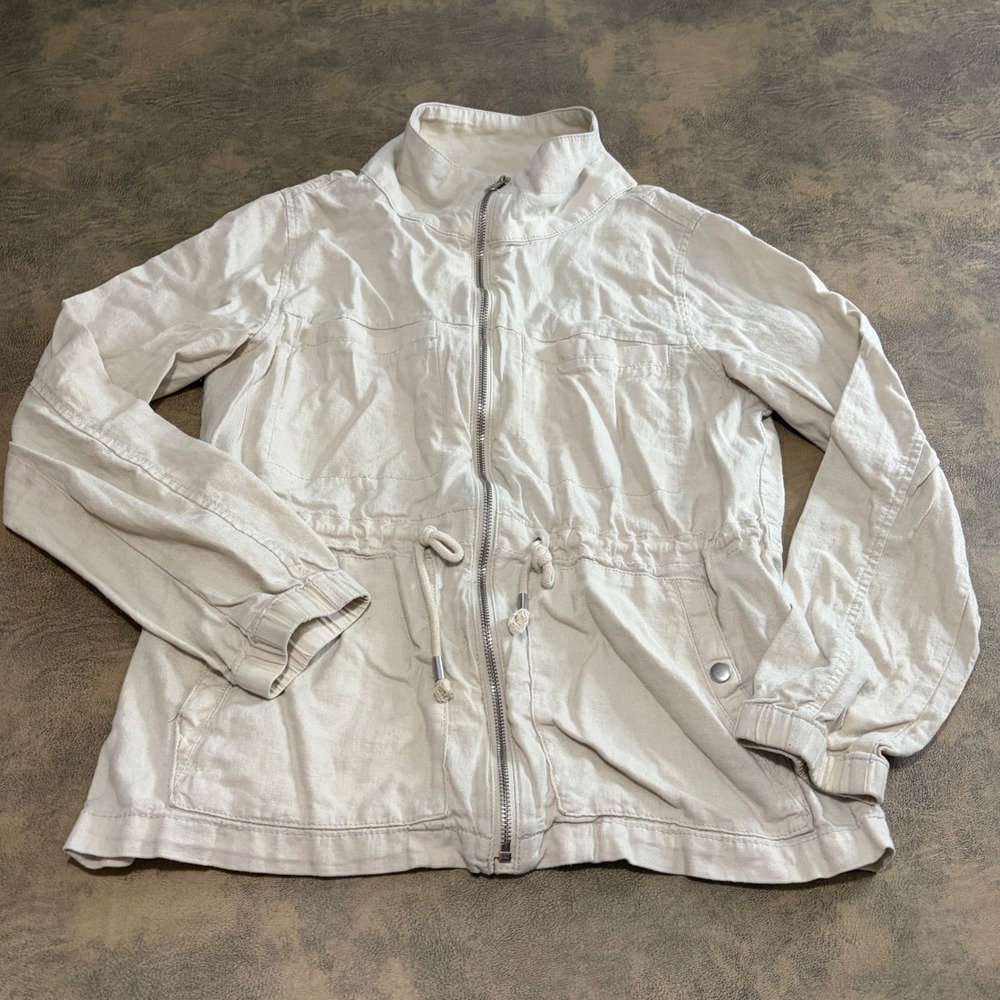 Old Navy Linen Field Jacket Womens Medium Cream S/220480-00 Utility Zip Up